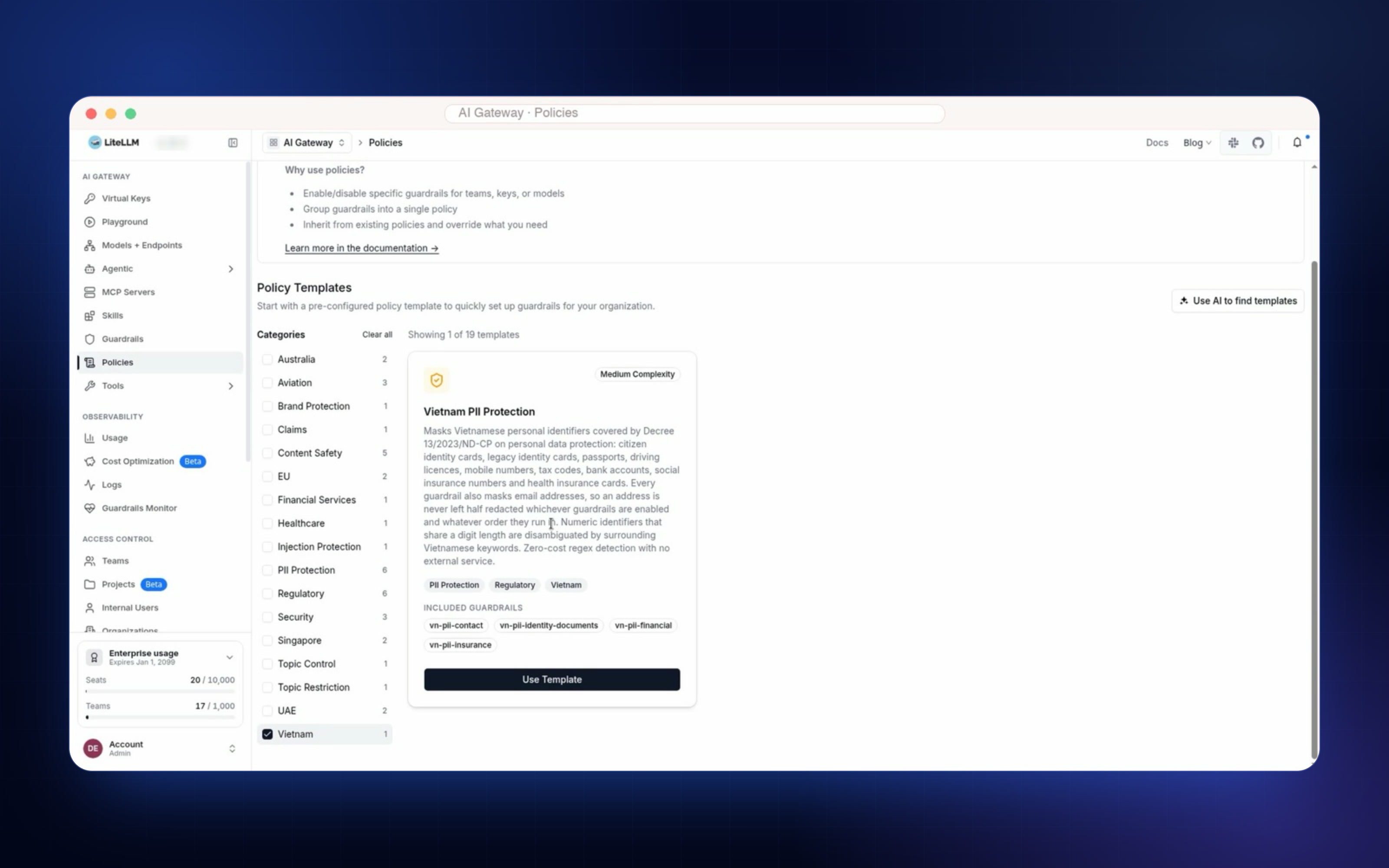Screenshot of the Vietnam PII policy template that defines which personal data the gateway masks
