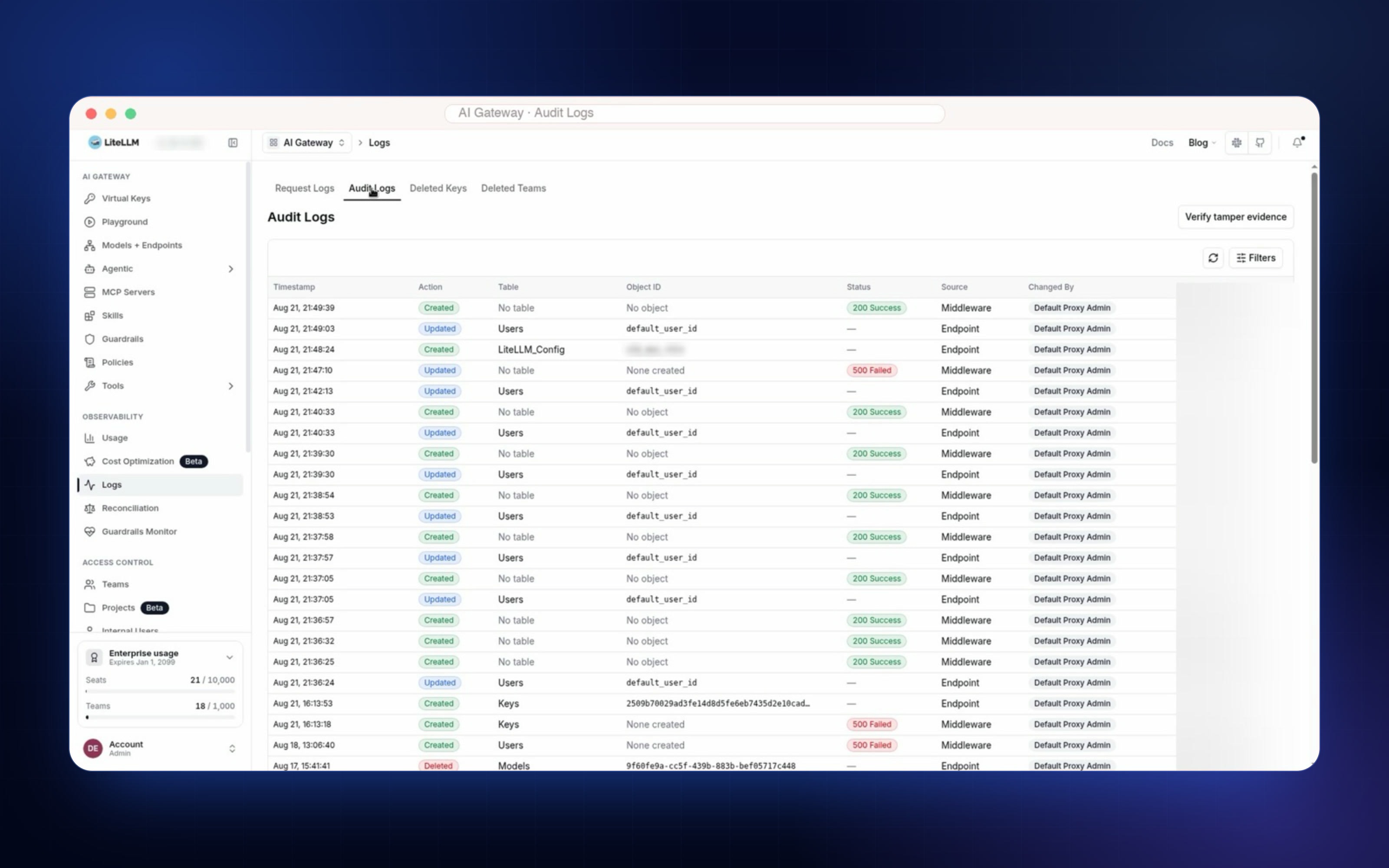 Screenshot of the tamper-evident audit log of every LLM request passing through the gateway
