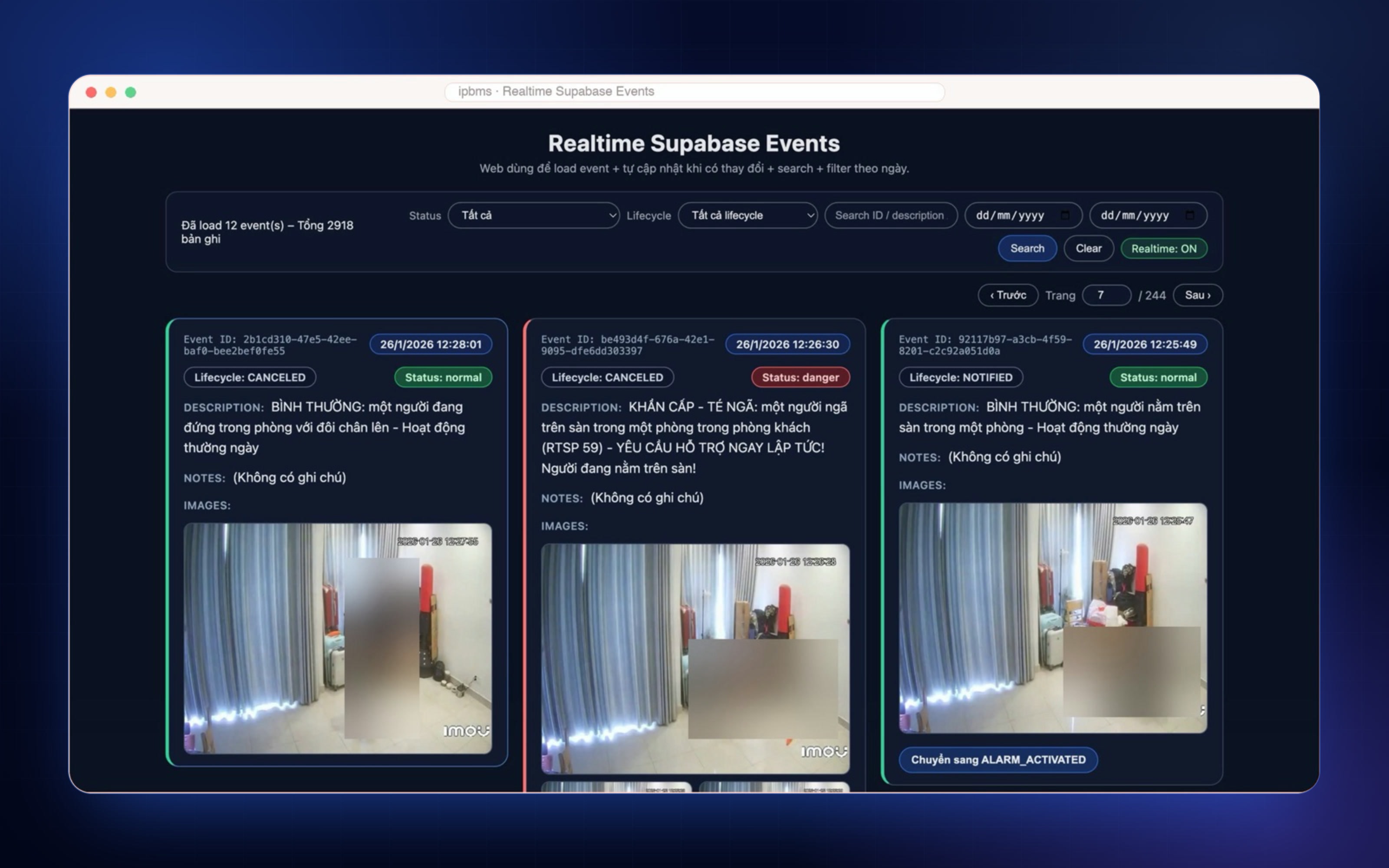 Screenshot of the real-time dashboard listing fall and seizure events detected on camera streams