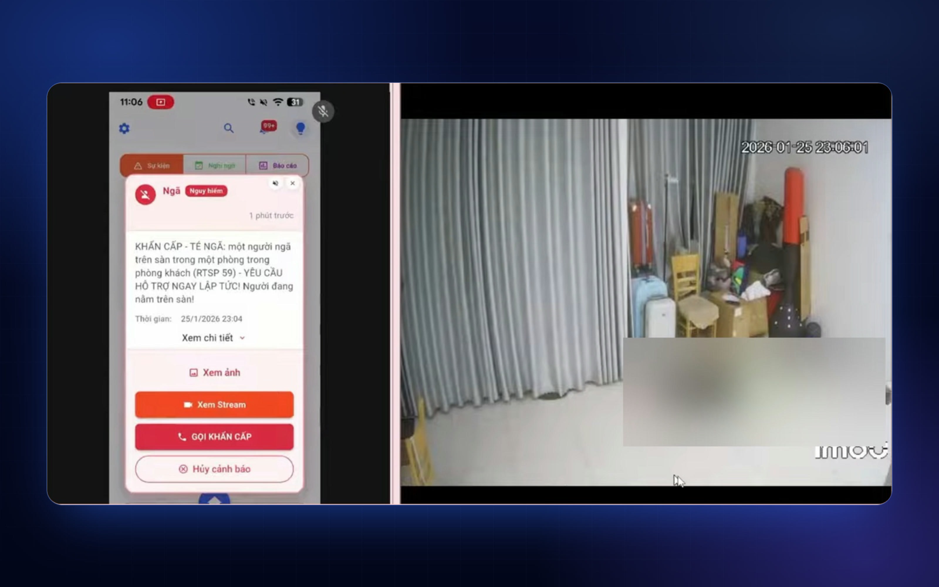 Screenshot of the mobile app showing a live fall alert for a monitored patient