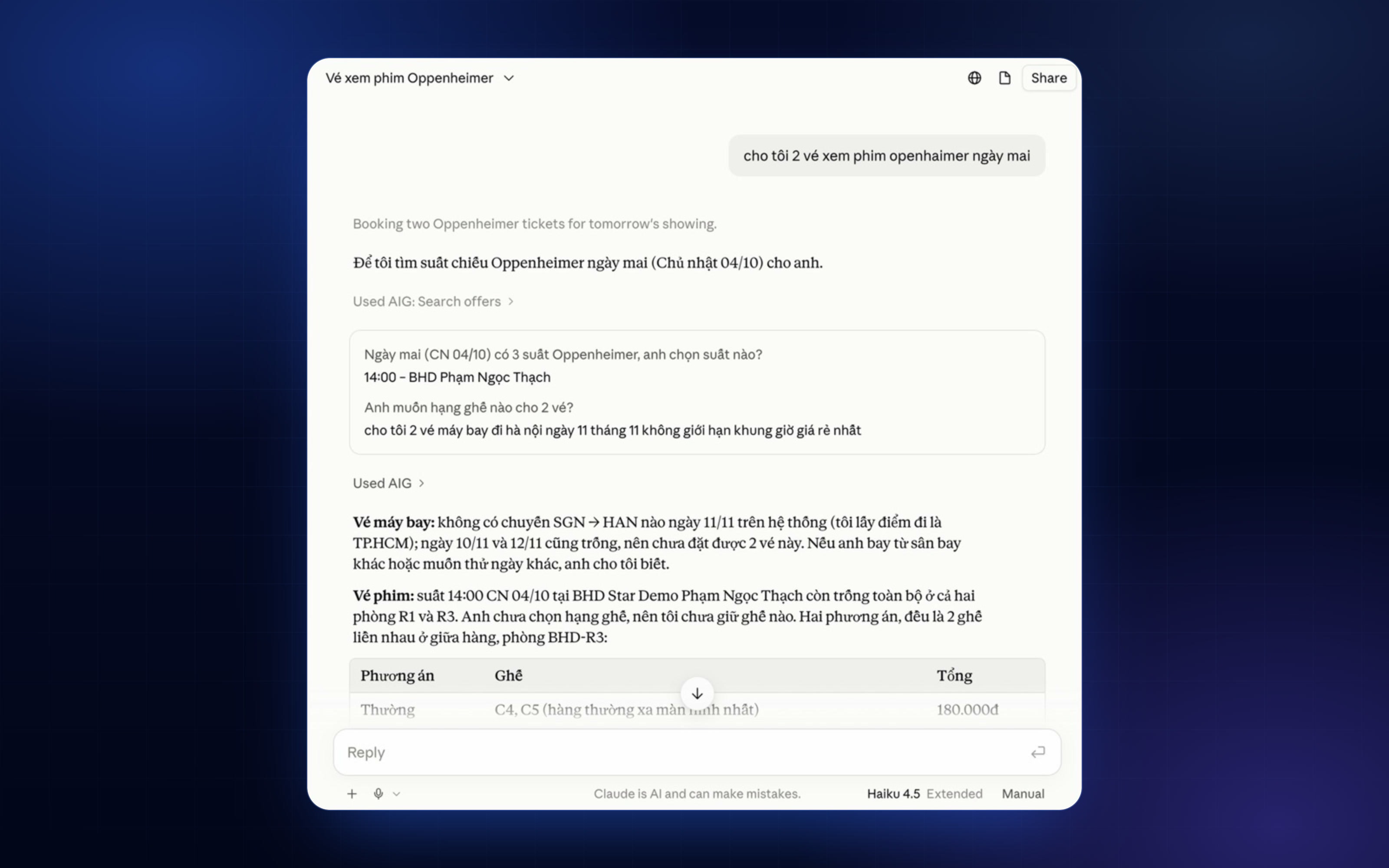 Screenshot of a Claude chat where the assistant books tickets through the Siz MCP server