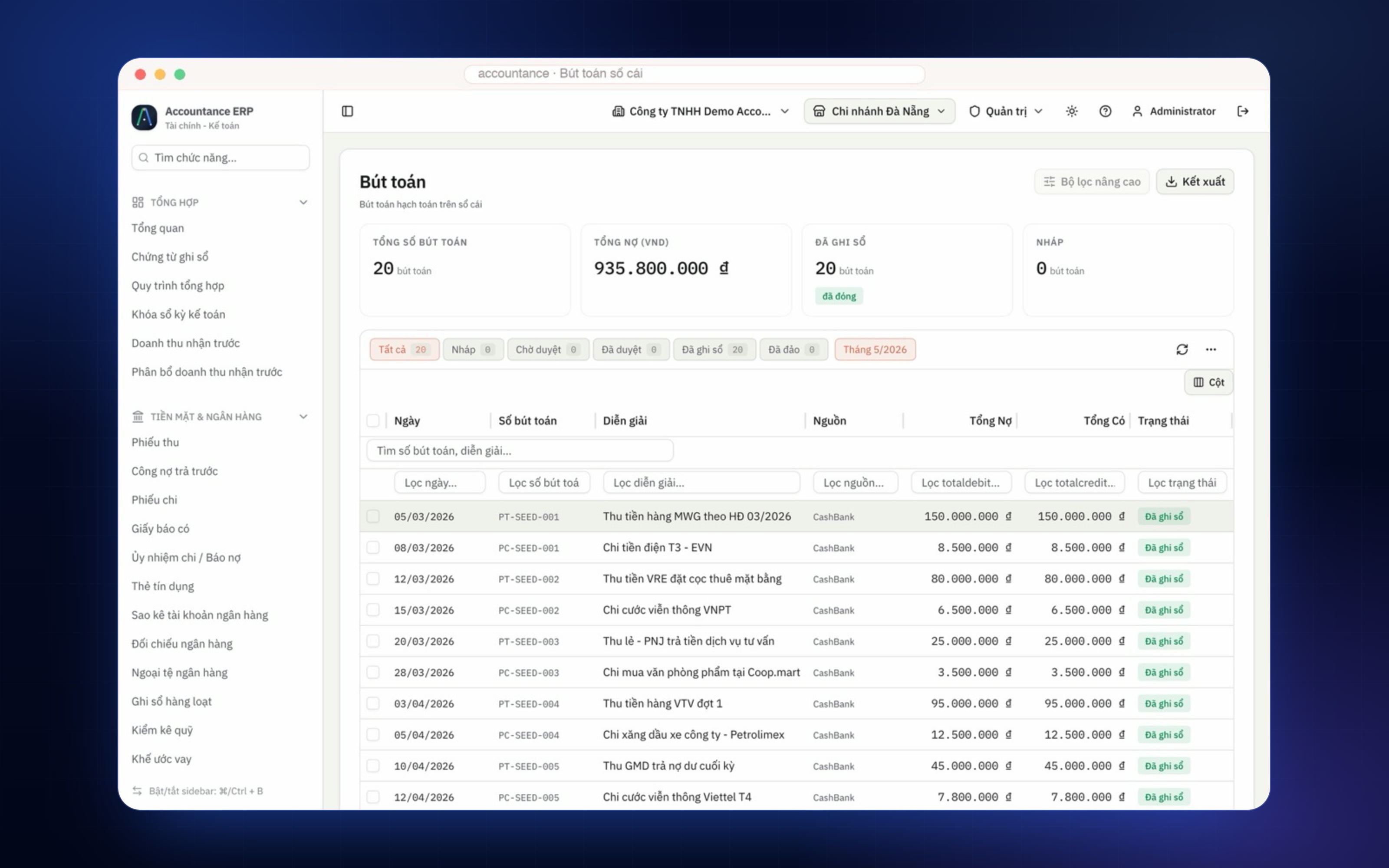 Screenshot of the journal entries list in the accounting app