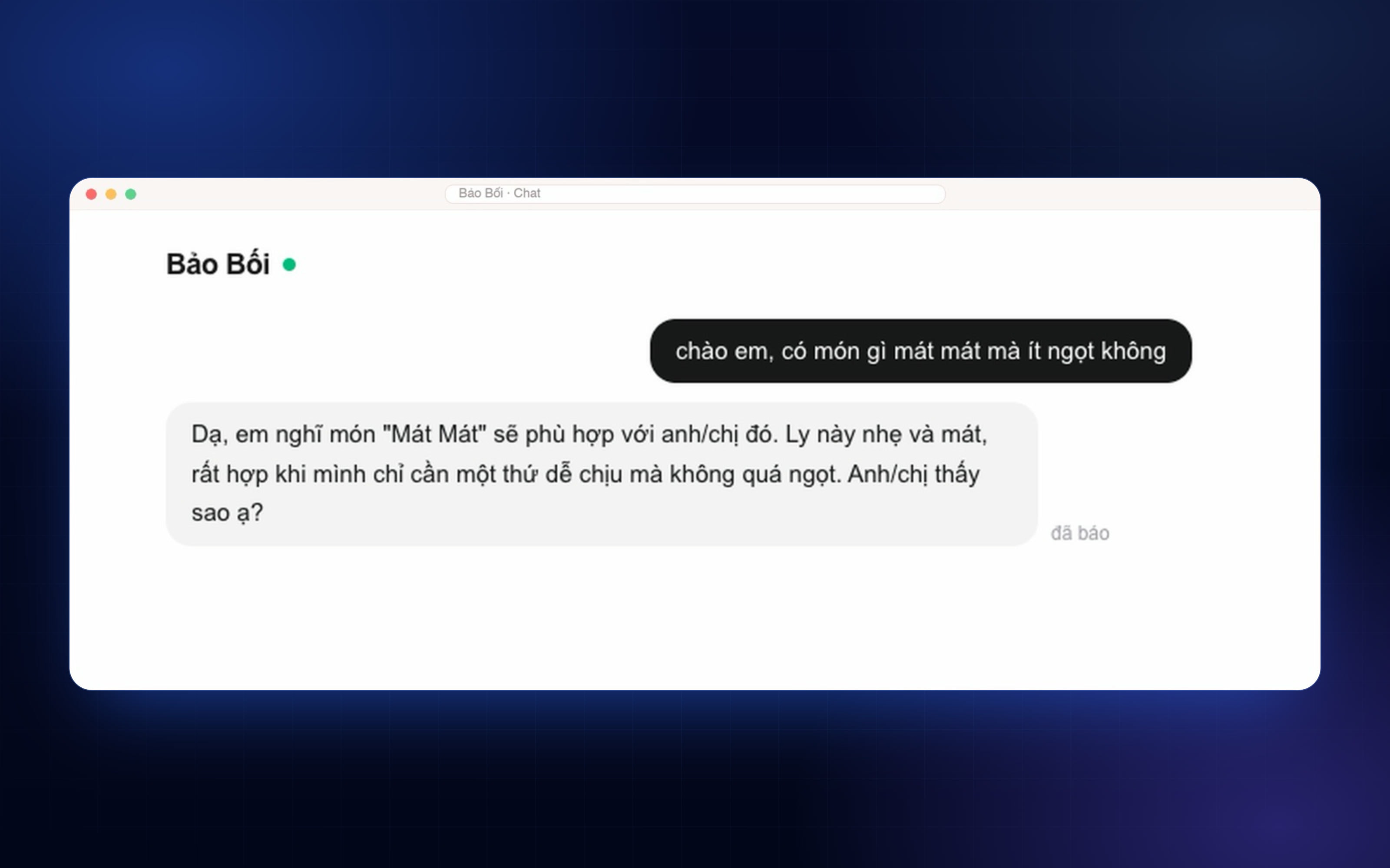 Screenshot of the ordering assistant recommending drinks in a chat conversation