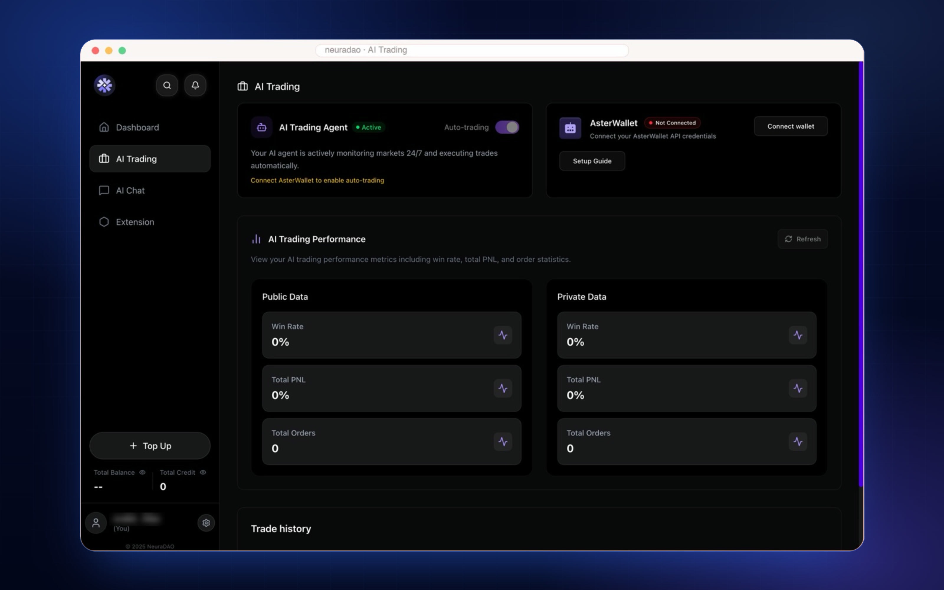 Screenshot of the AI trading agent configuration and performance view