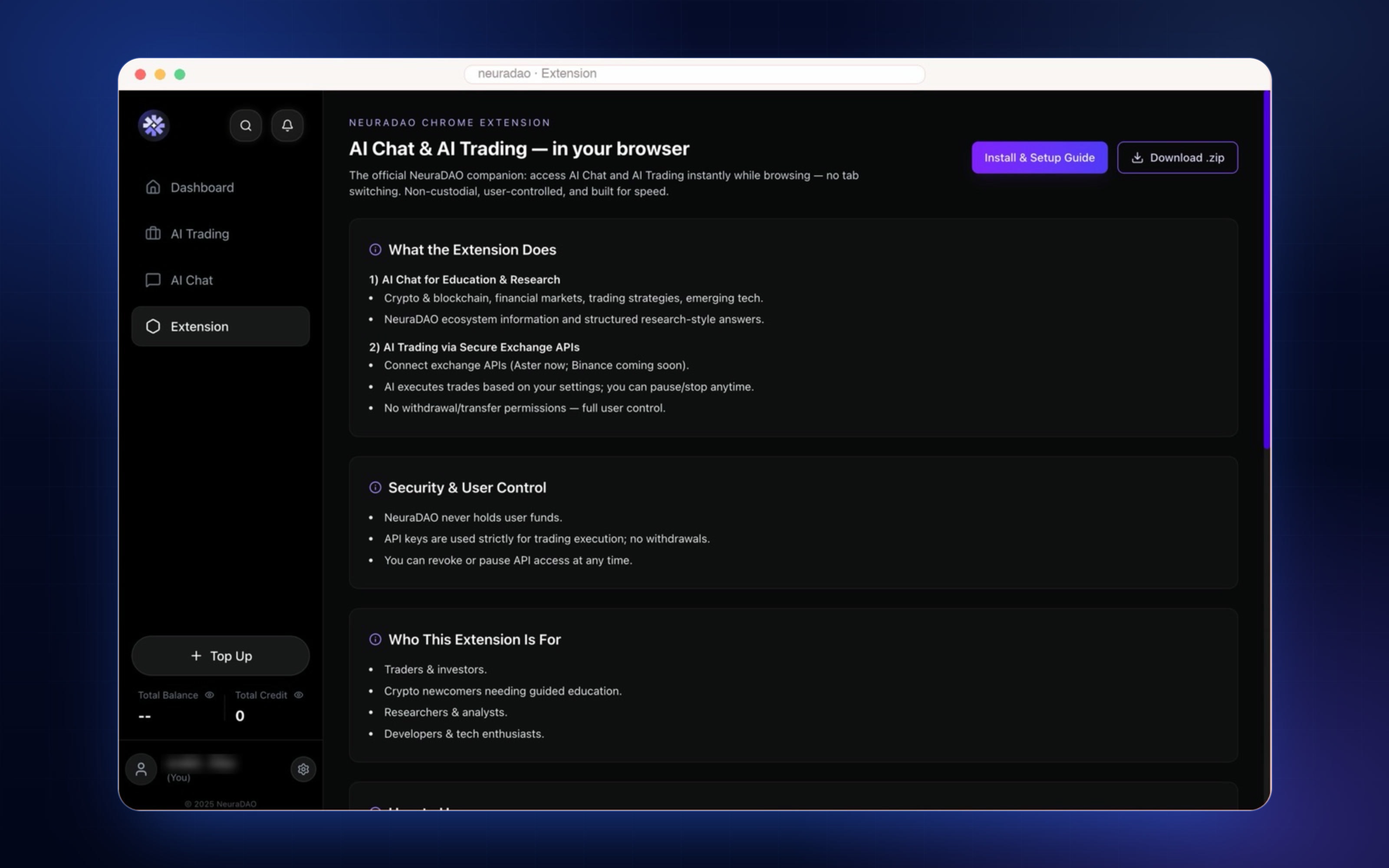Screenshot of the NEURADAO Chrome extension