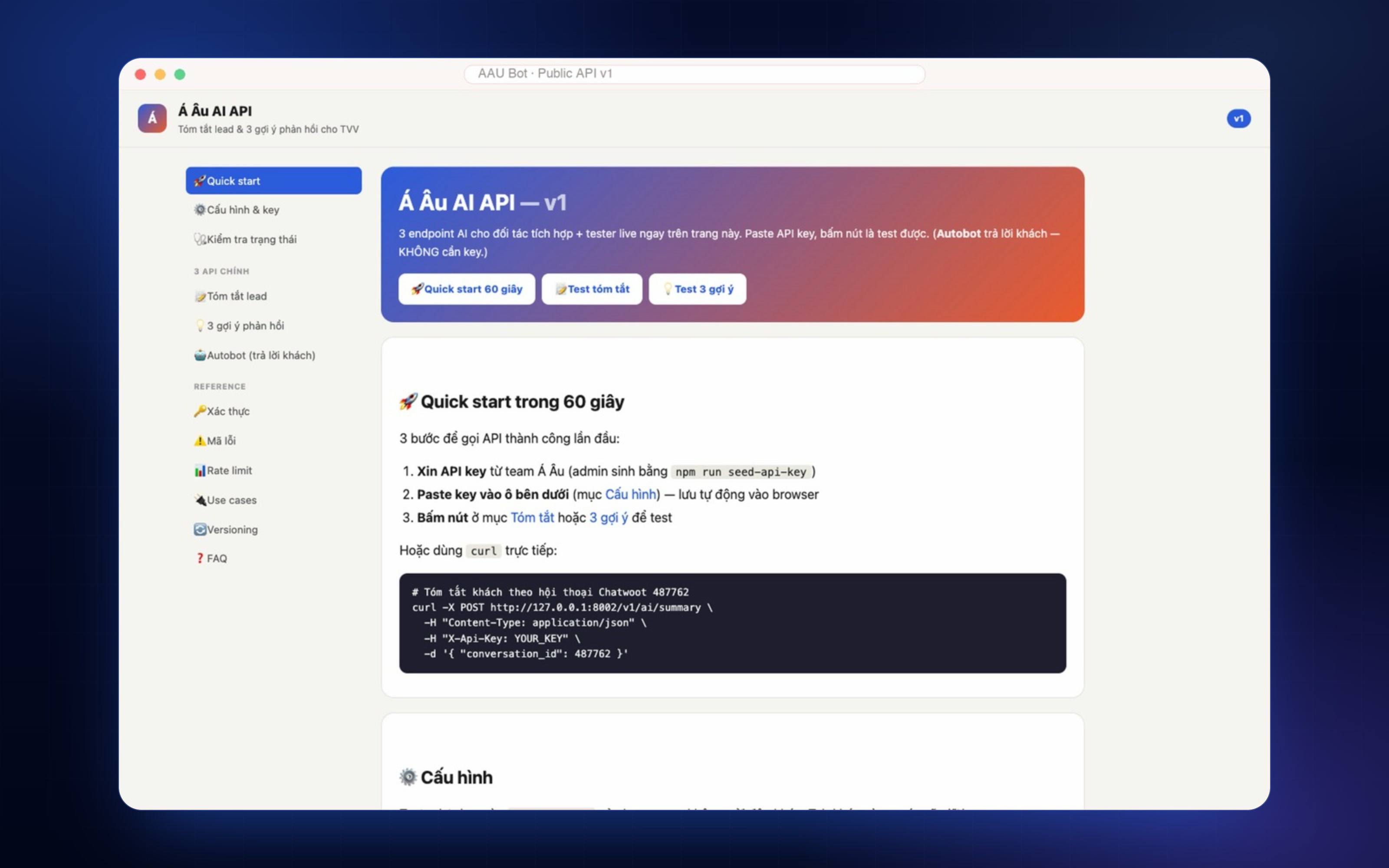 Screenshot of the public API documentation for the admissions chatbot