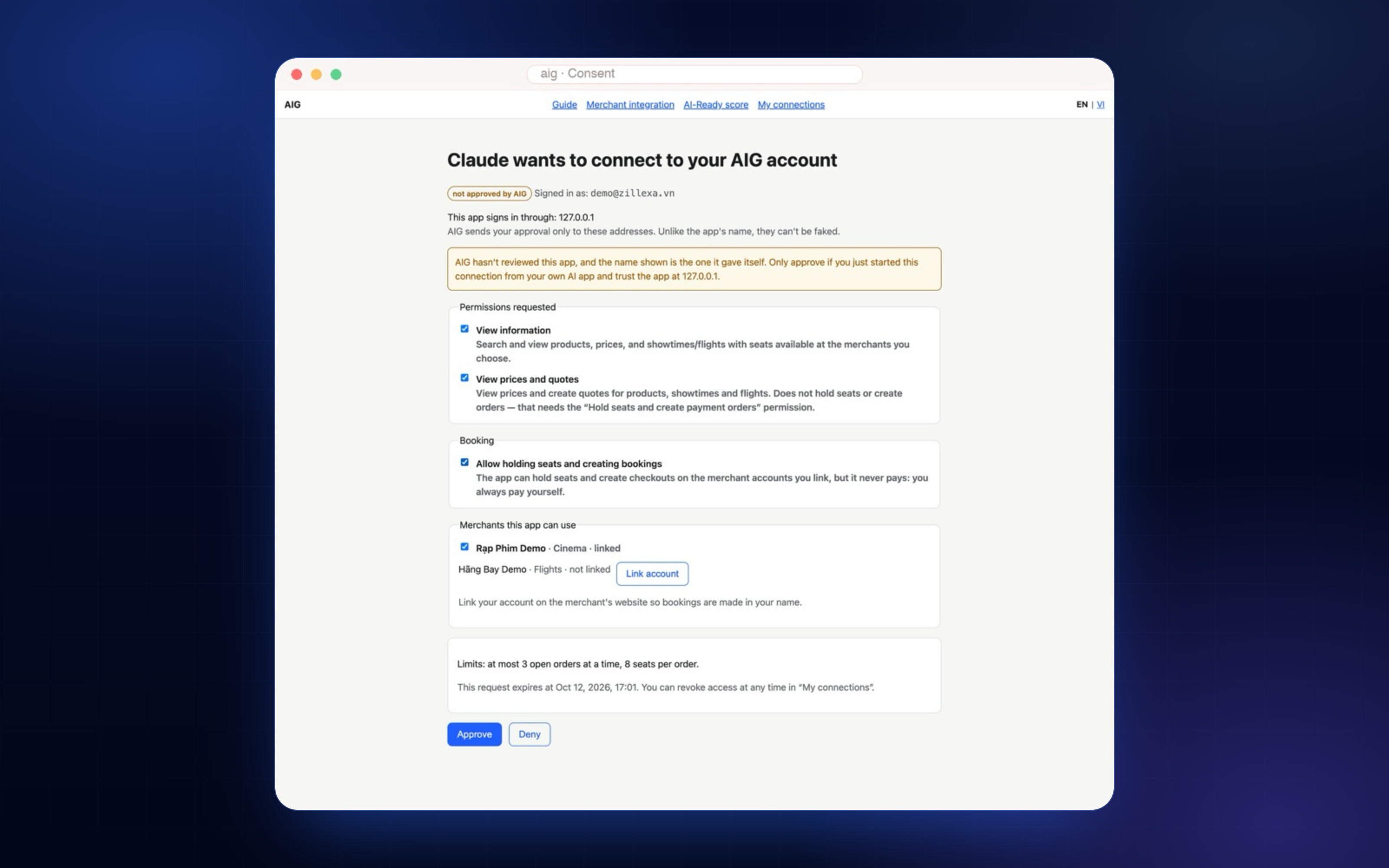 Screenshot of the OAuth consent screen where a user grants the AI assistant access to their Siz account