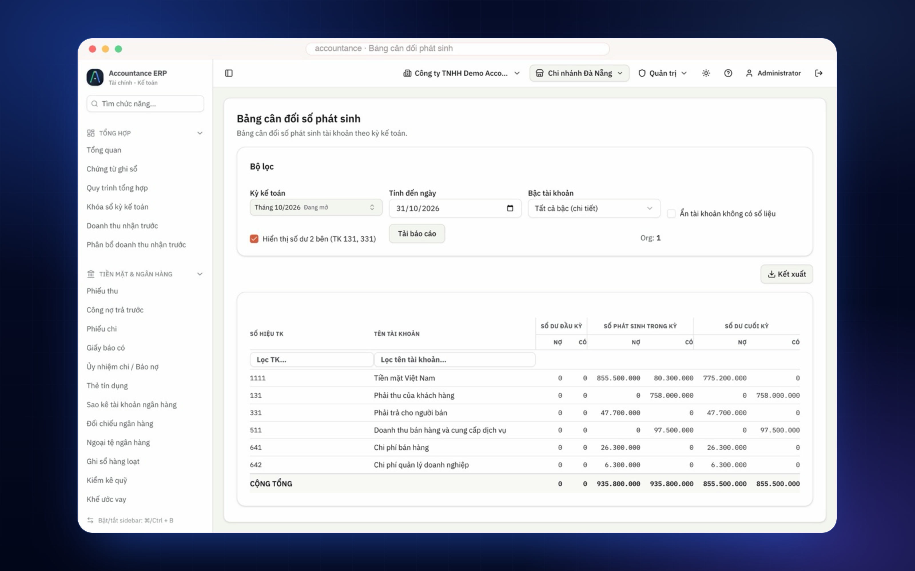 Screenshot of the trial balance report built to Vietnamese accounting standards