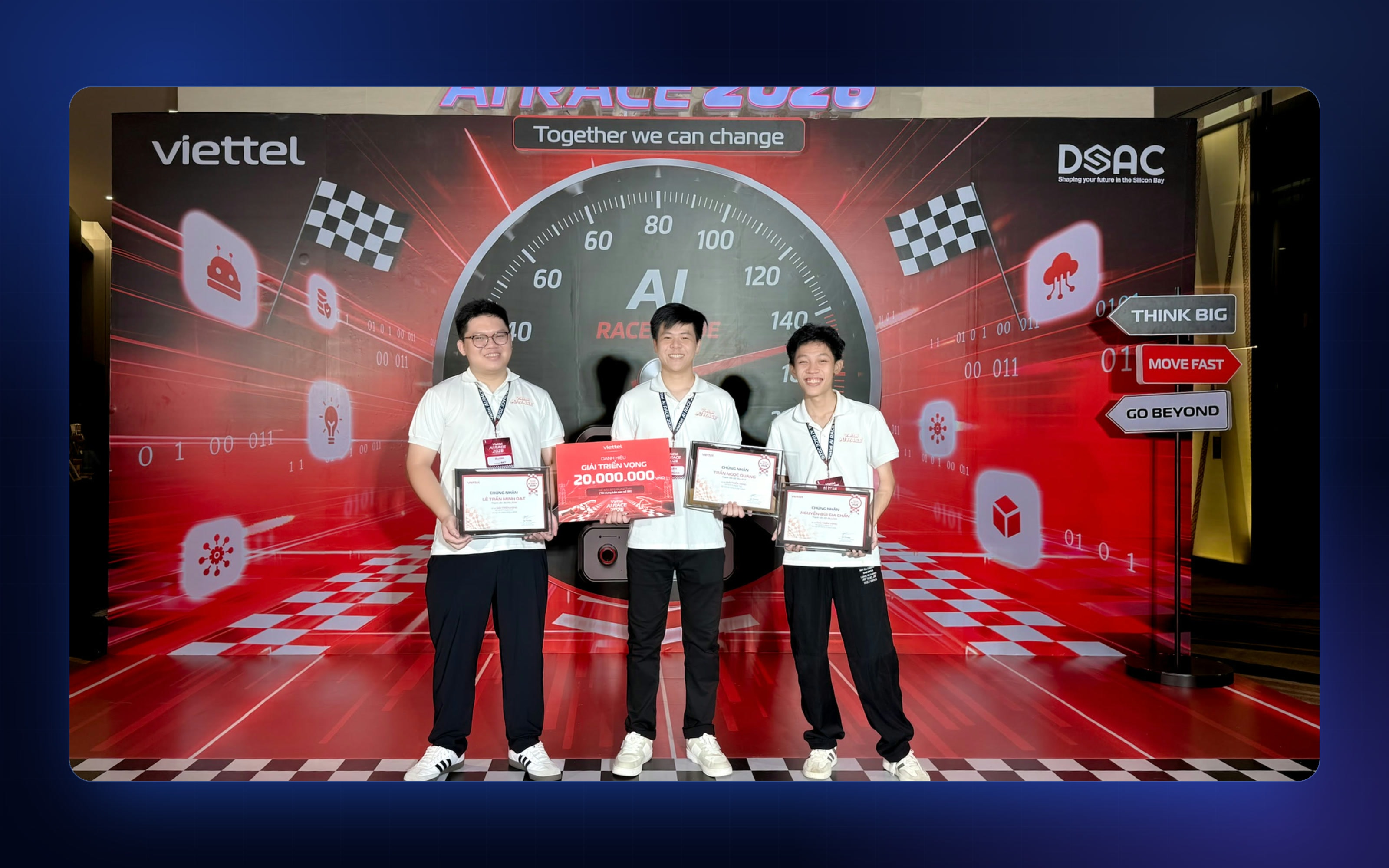 Three members of team Zillexa holding their award at the Viettel AI Race 2026 final