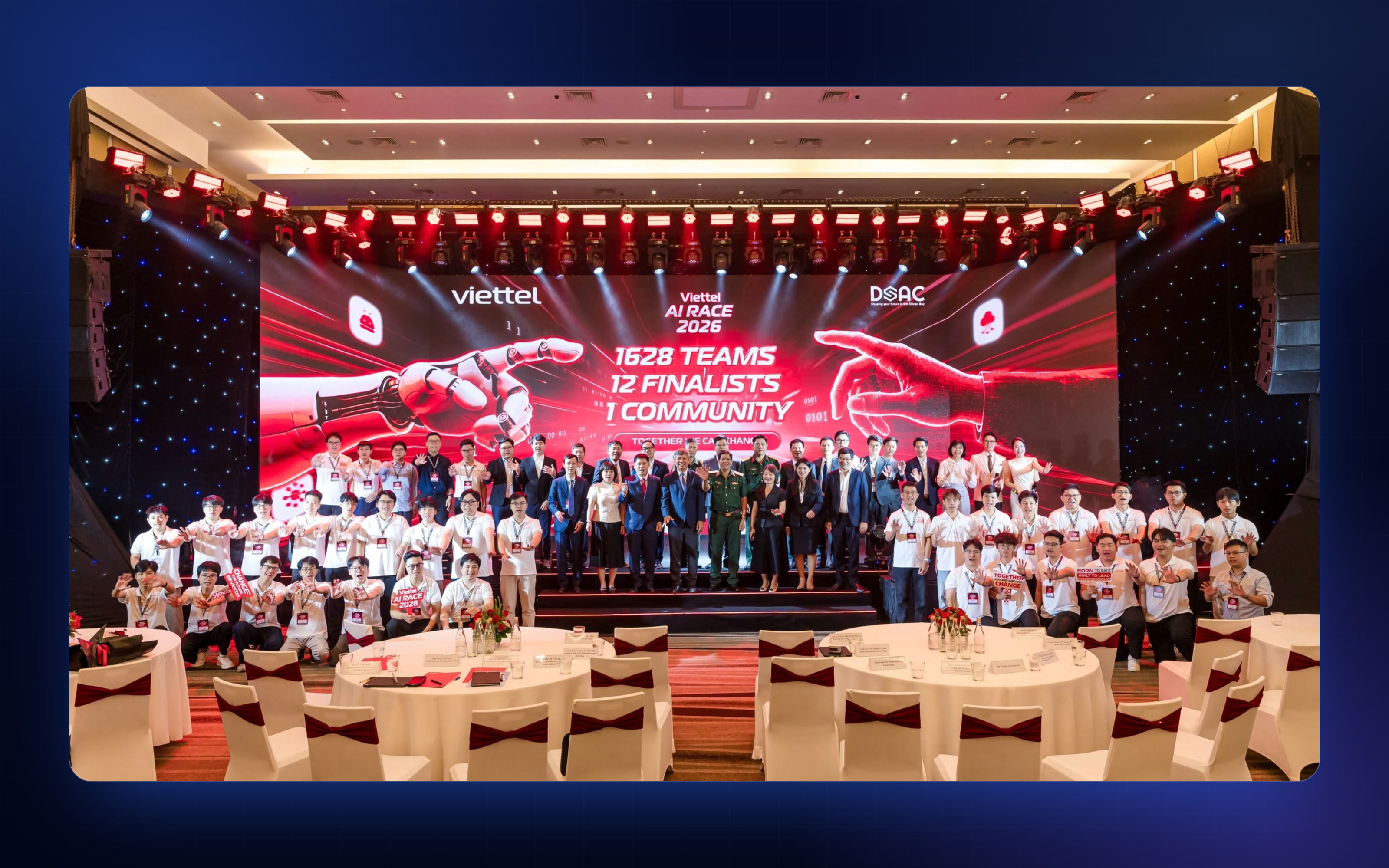 All Viettel AI Race 2026 finalists on stage under a screen reading 1628 teams, 12 finalists