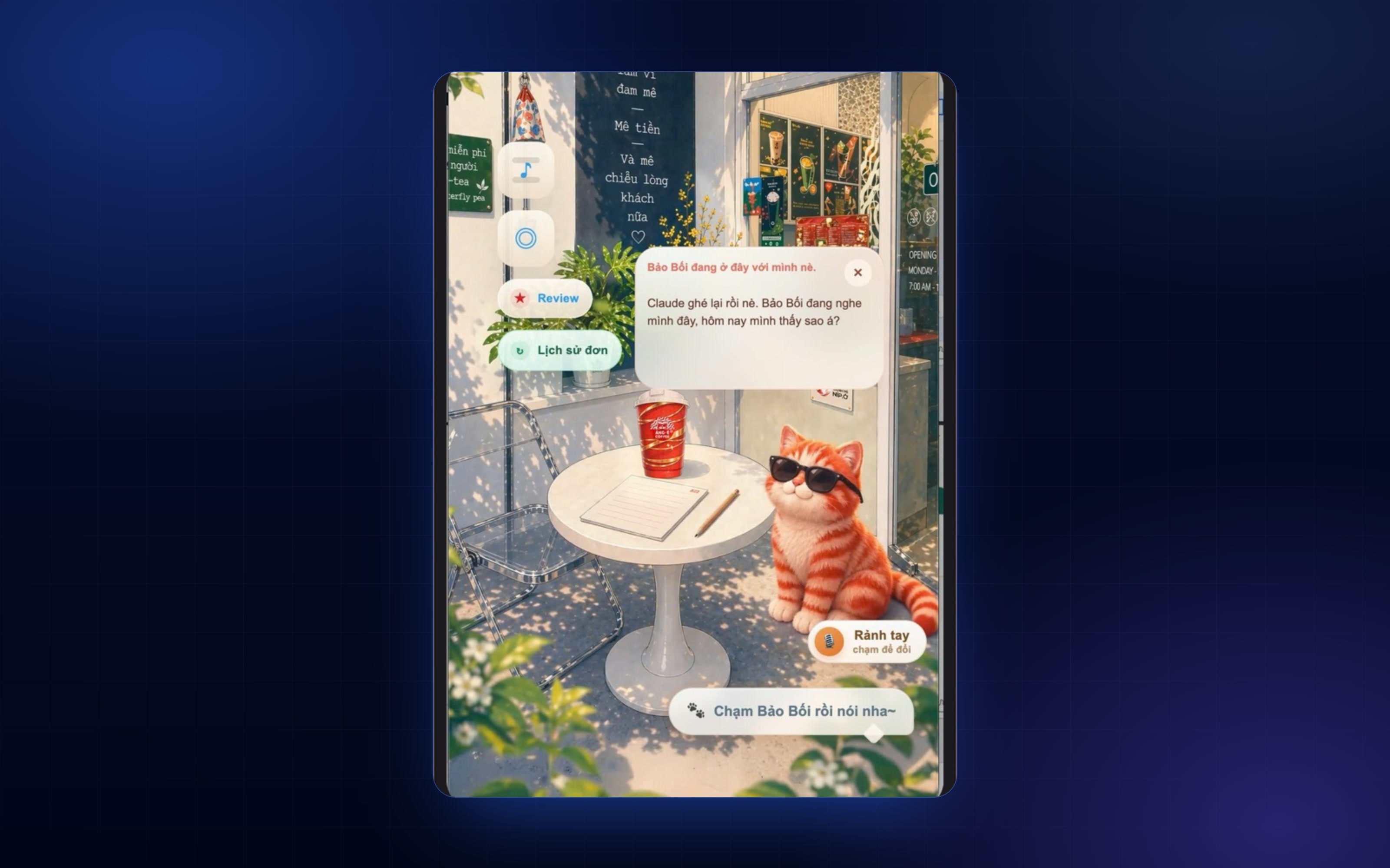 Screenshot of the cat mascot voice assistant taking an order on a tablet