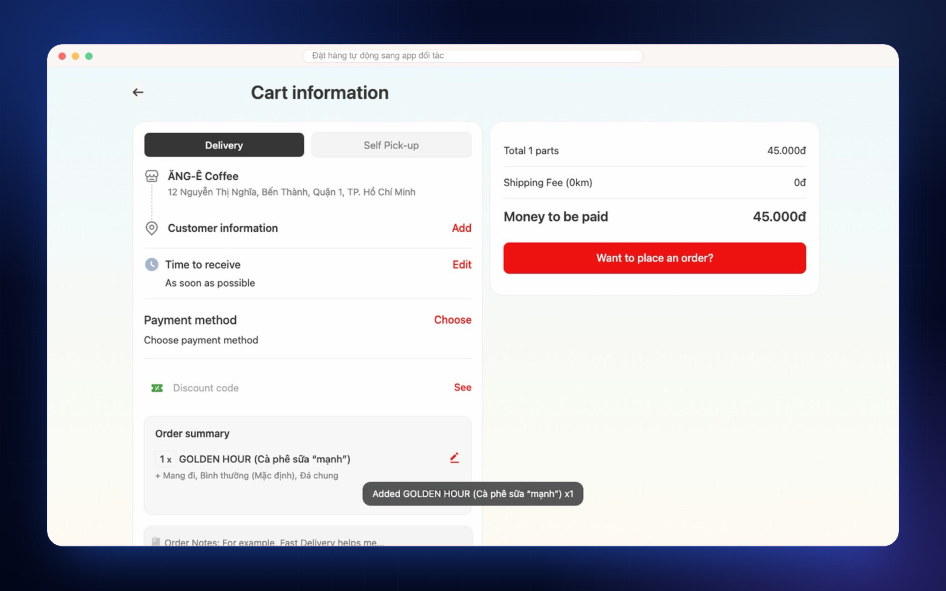 Screenshot of the cart the assistant fills and sends to the café's ordering system